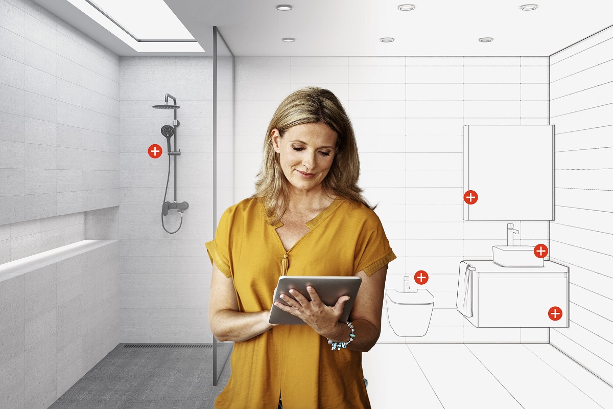 The sketch becomes a real minimalist shower room with a daylight lamp in the ceiling, shower, toilet, bidet, washbasin, mirror with black fittings. Front view.