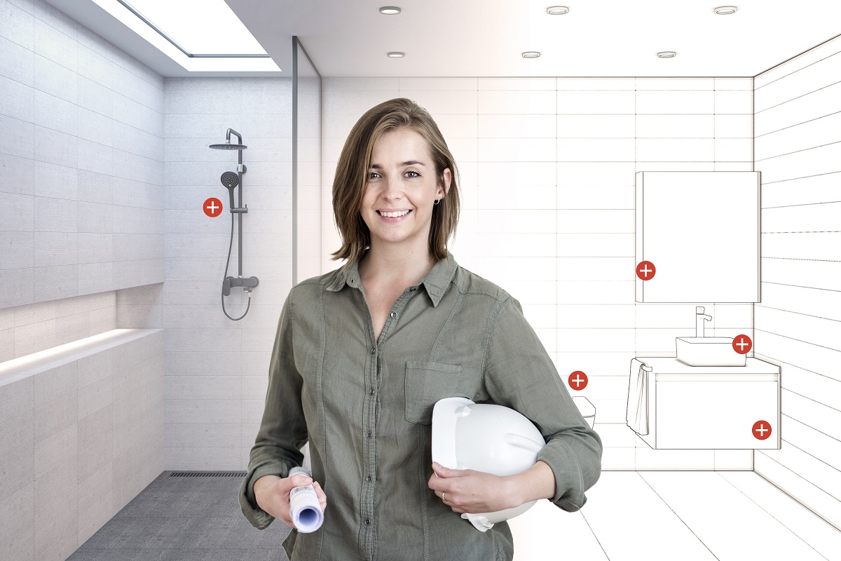 The sketch becomes a real minimalist shower room with a daylight lamp in the ceiling, shower, toilet, bidet, washbasin, mirror with black fittings. Front view.